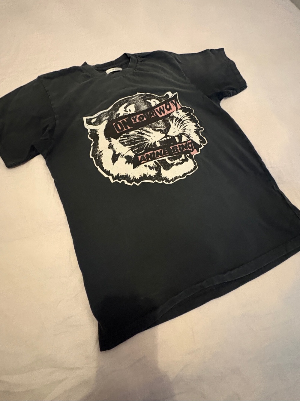 Anine Bing Faded Black Graphic Tiger Cotton Tee with Pink Accents S